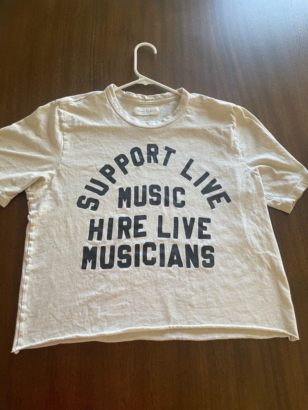 imogene + willie Cream Tee with Black 'Support Live Music' Graphic